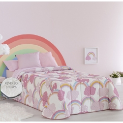 Edredón sherpa rosa para niña cama simple IRIS nubes y arcoiris