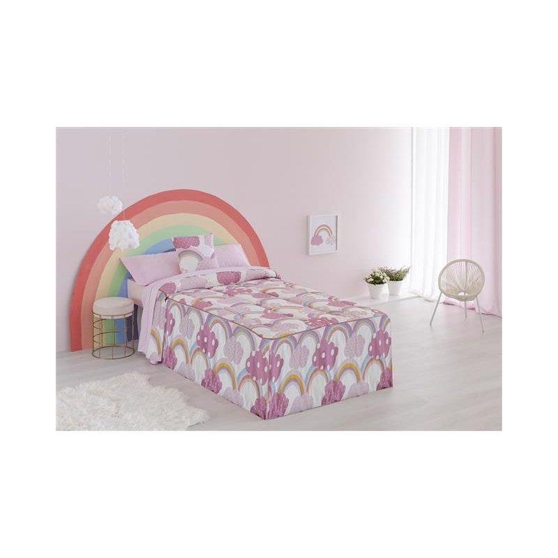 Colcha edredón con volantes en rosa IRIS y nubes para cama infantil