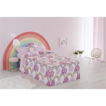 Colcha edredón con volantes en rosa IRIS y nubes para cama infantil