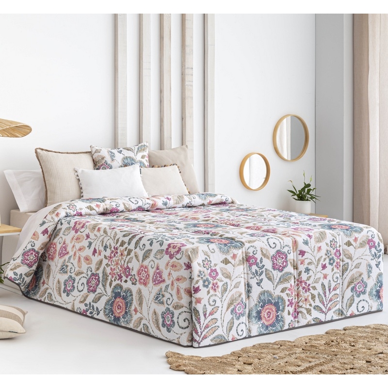 Edredón cama juvenil de flores turquesa y fucsia PERALADA cama 150 a 90