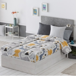 Edredón ajustable cama nido, abatible o litera DINOS dinosaurios gris, amarillo y azul
