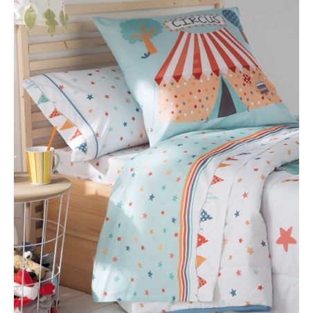 Sabanas azules para cama infantil CIRCUS estrellas coloridas y banderines