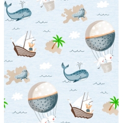 Detalle tejido MONDO C con ballenas, focas, globos, islas y barcos