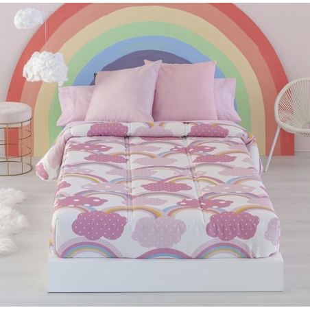 Edredón ajustable cama nido, abatible o litera IRIS con nubes color rosa