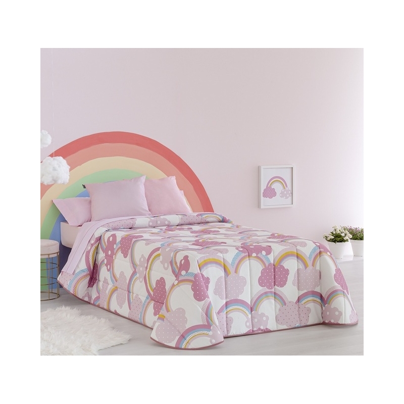 Colcha boutí para cama de niñas IRIS y nubes en color rosa