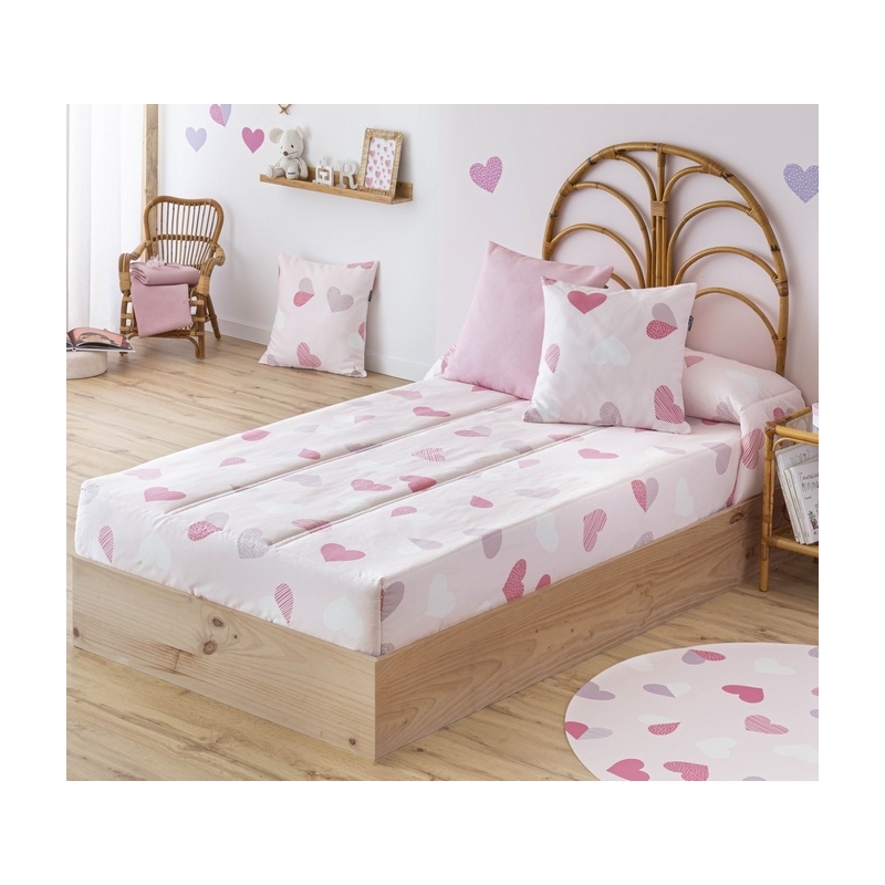 Edredón ajustable para cama de niñas CORAZONES color rosa
