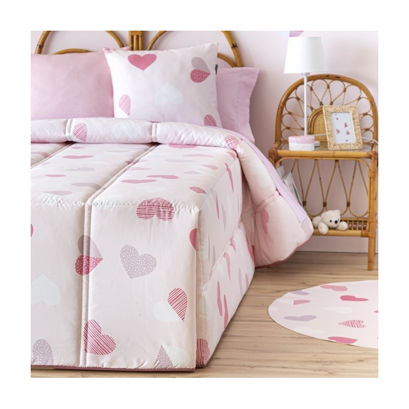 Edredón nórdico de invierno para cama de niña CORAZONES color rosa