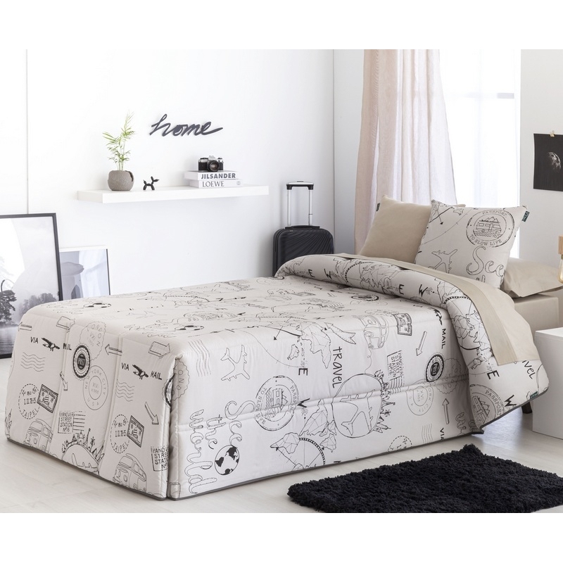 Edredón juvenil blanco con dibujo de mapa VIAJE para cama doble o individual