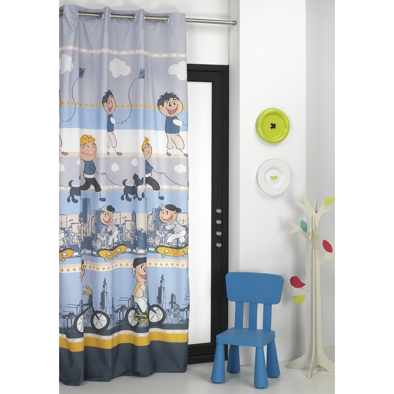 Cortina habitación infantil color azul SKATE niños, bicis y perritos